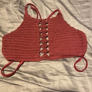 Maroon bikini top.
